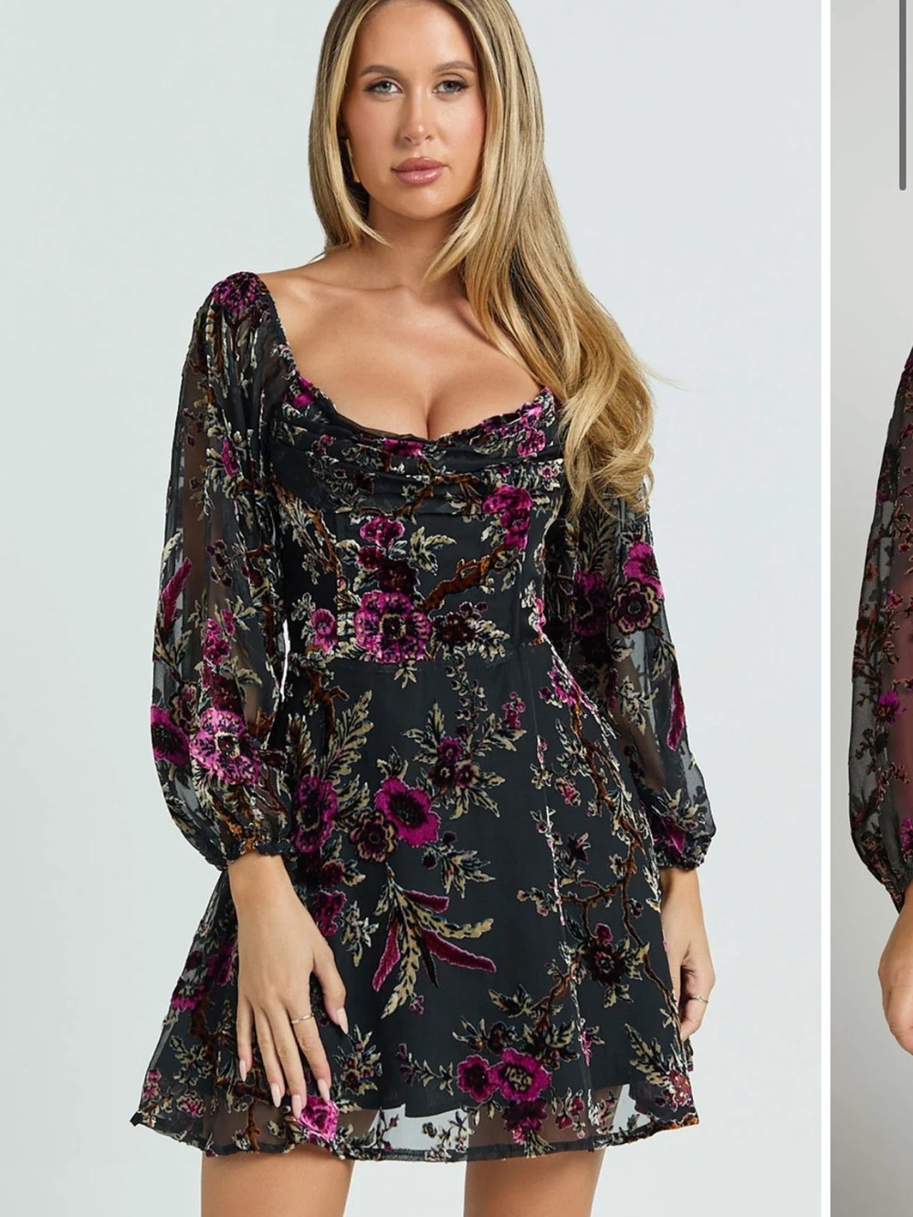 SHOWPO Jessell Dress - Black Floral Cowl Neck Mini Dress with Long Puff Sleeves